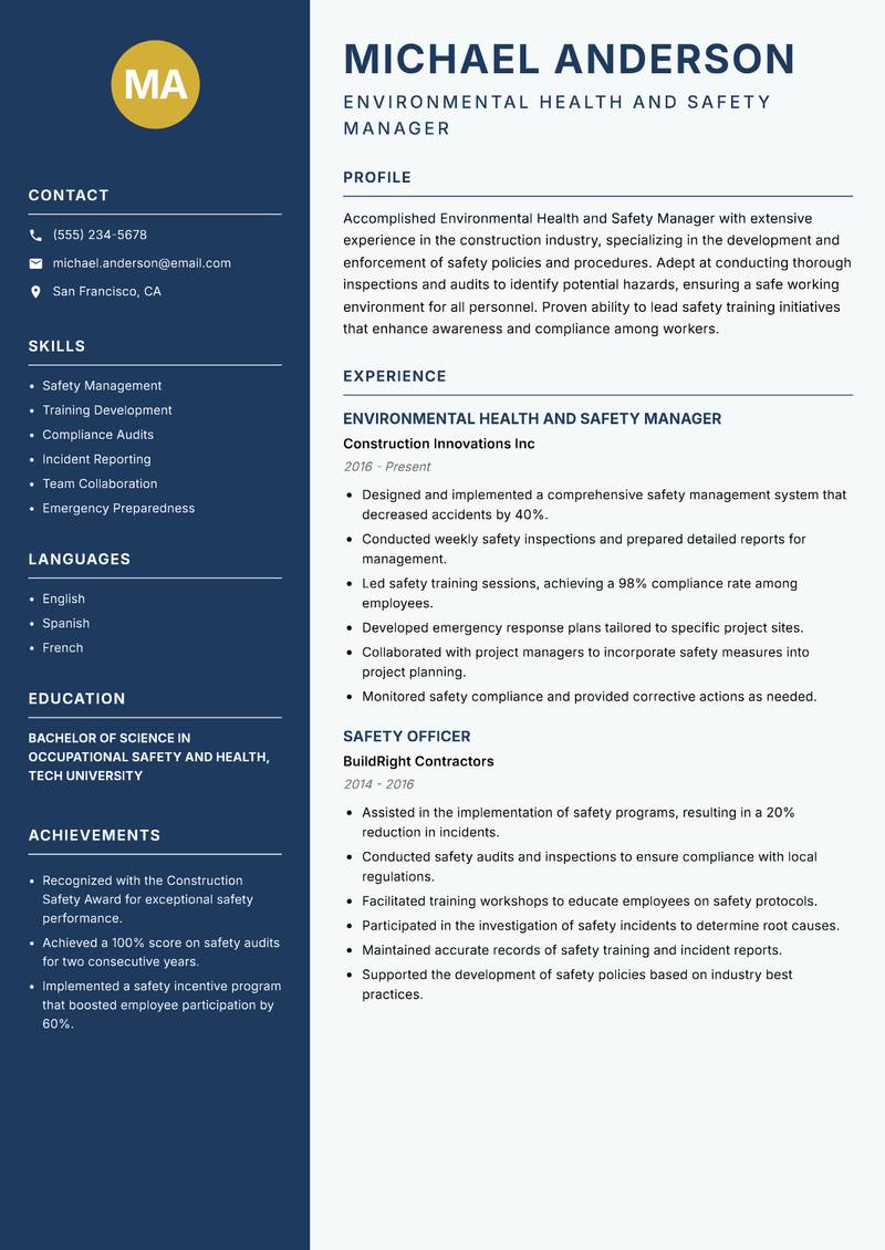 Environmental Health and Safety Manager resume sample — Environmental Health and Safety Manager focus