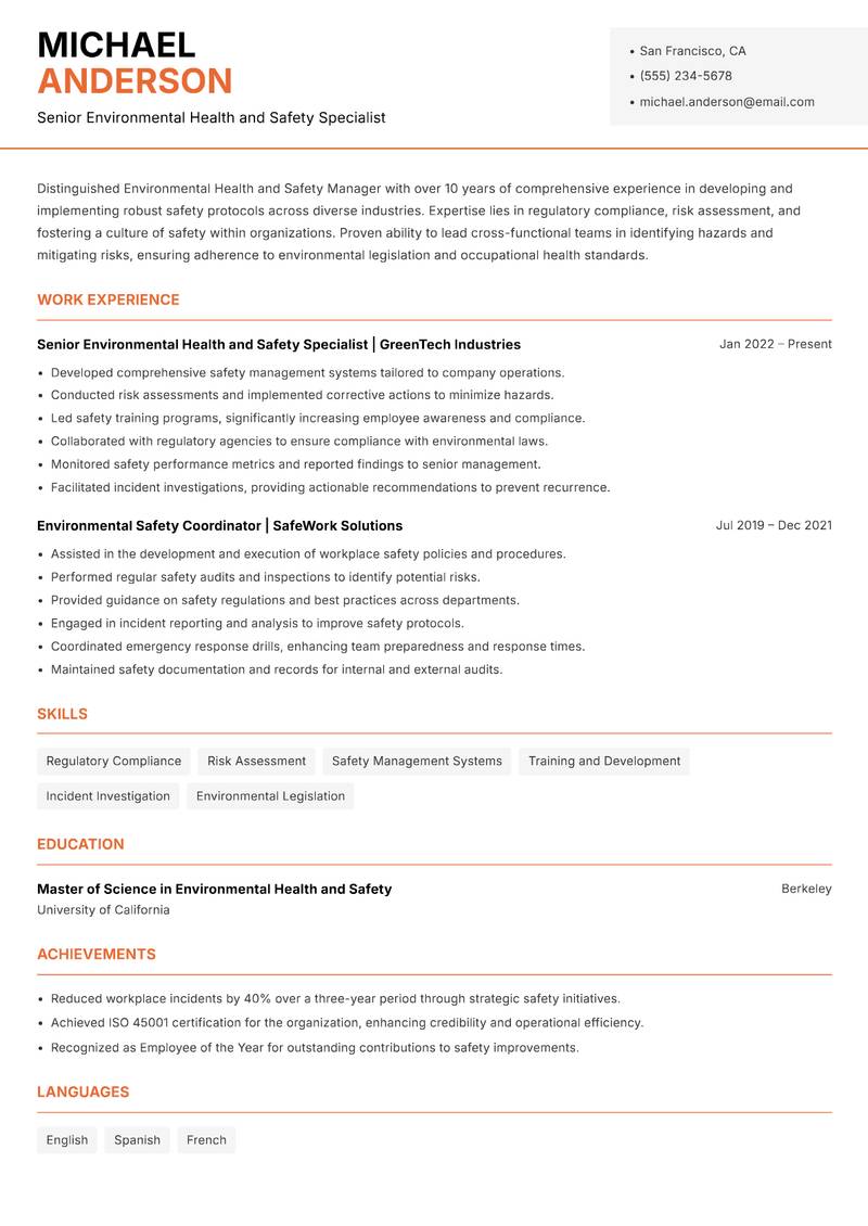 Environmental Health and Safety Manager resume sample — Senior Environmental Health and Safety Specialist focus