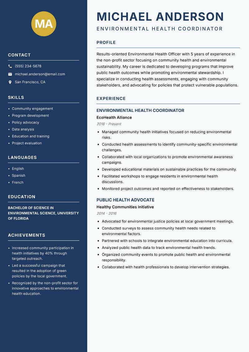 Environmental Health Officer resume sample — Environmental Health Coordinator focus
