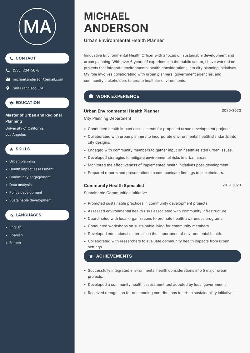 Environmental Health Officer resume sample — Urban Environmental Health Planner focus