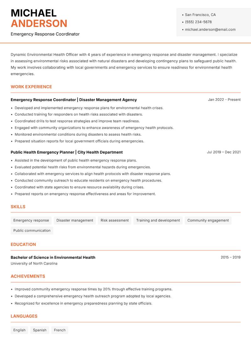 Environmental Health Officer resume sample — Emergency Response Coordinator focus