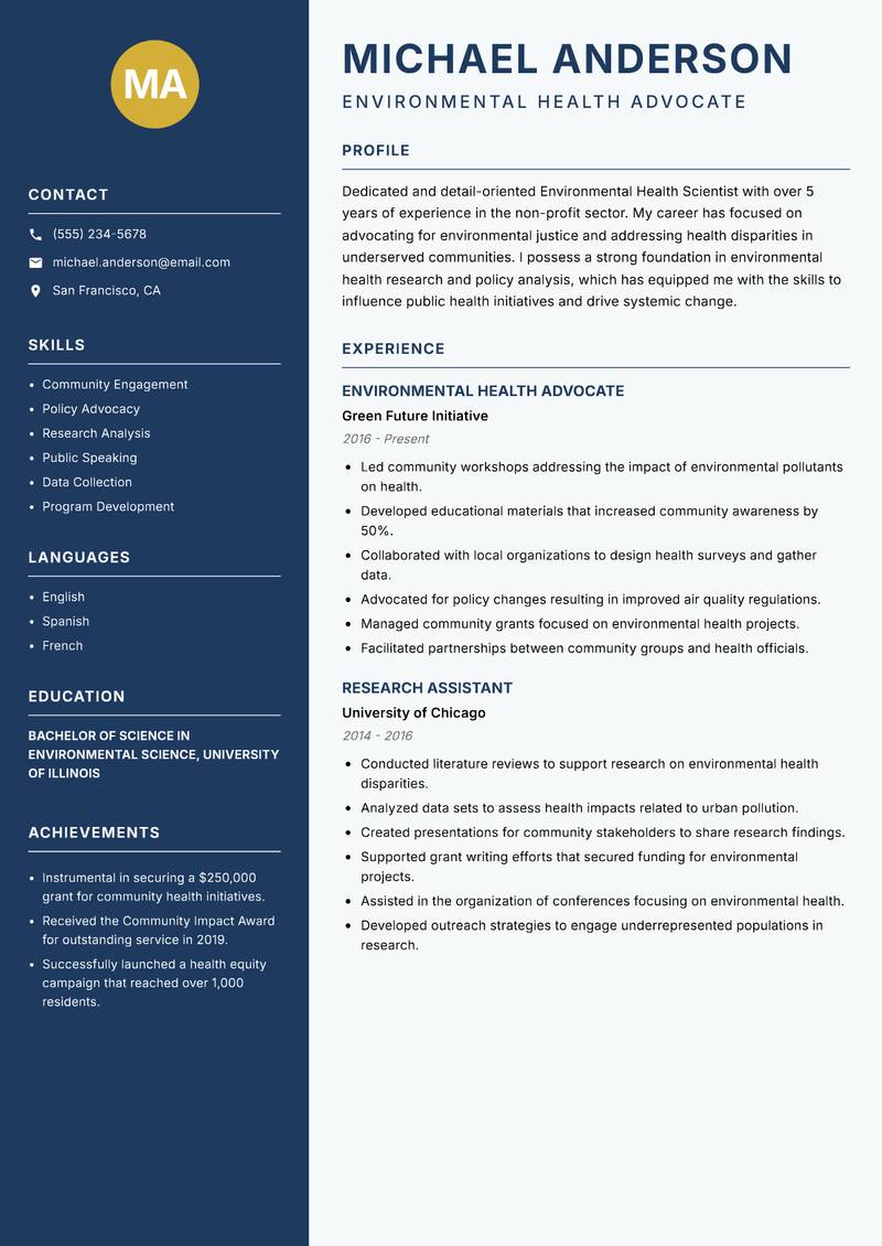 Environmental Health Scientist resume sample — Environmental Health Advocate focus