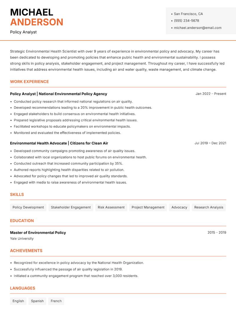 Environmental Health Scientist resume sample — Policy Analyst focus