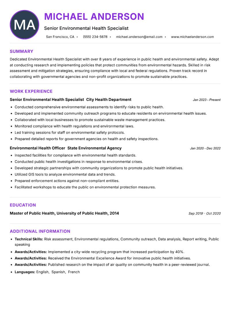 Environmental Health Specialist resume example