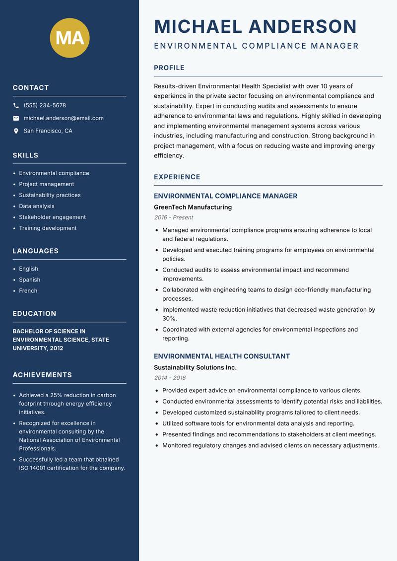 Environmental Health Specialist resume sample — Environmental Compliance Manager focus