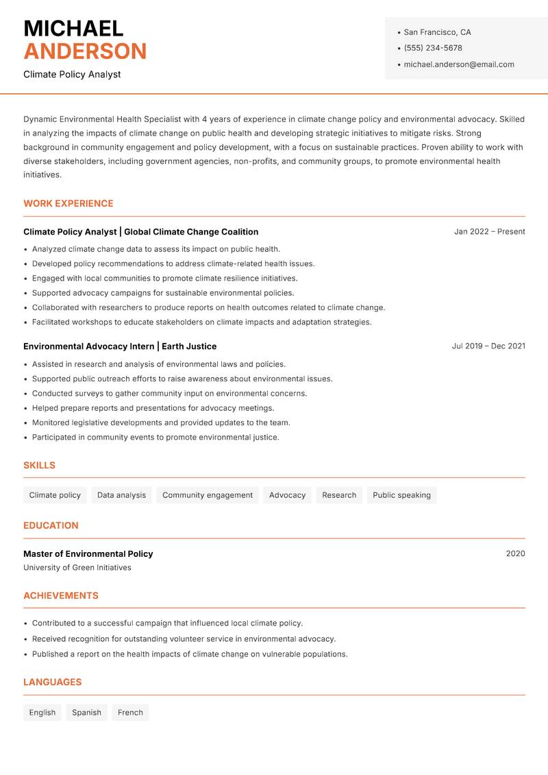 Environmental Health Specialist resume sample — Climate Policy Analyst focus