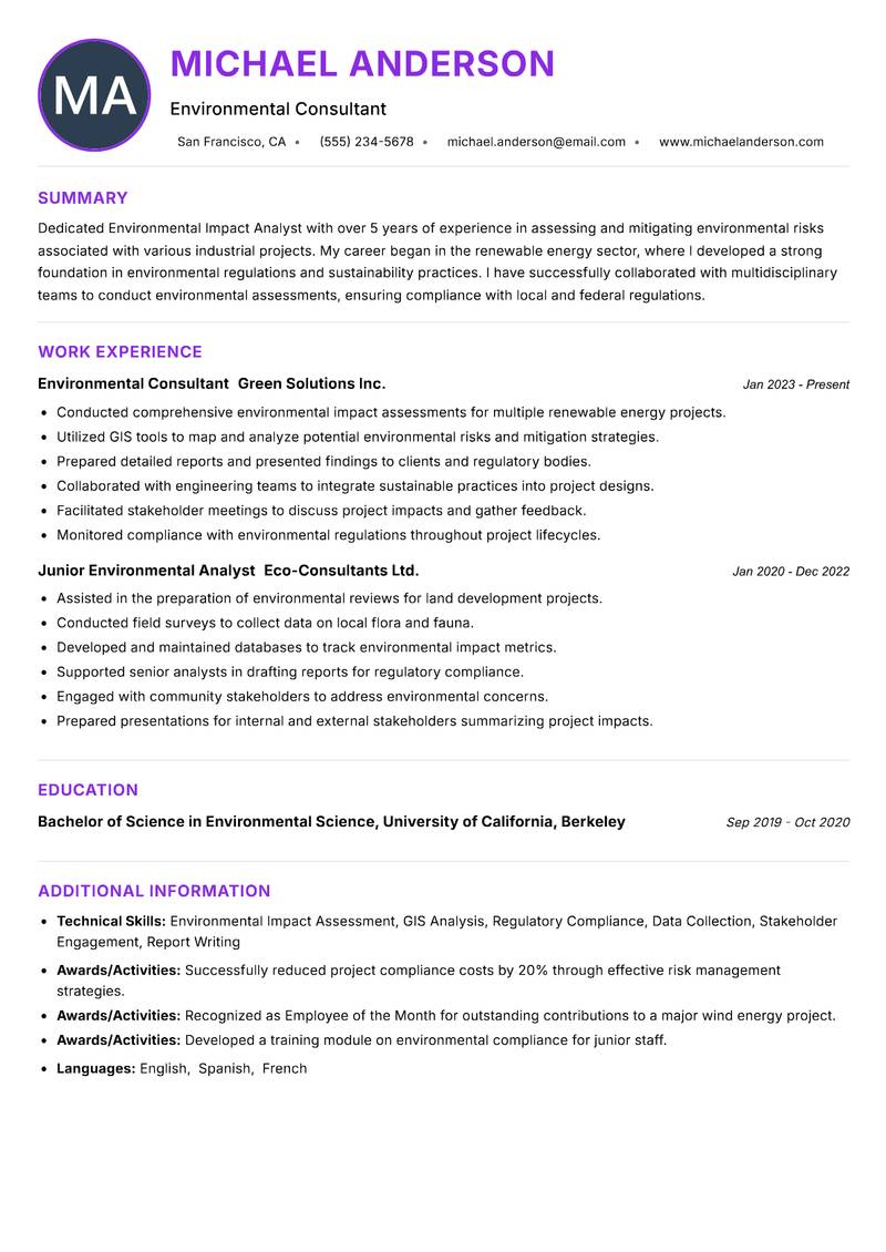 Environmental Impact Analyst resume example