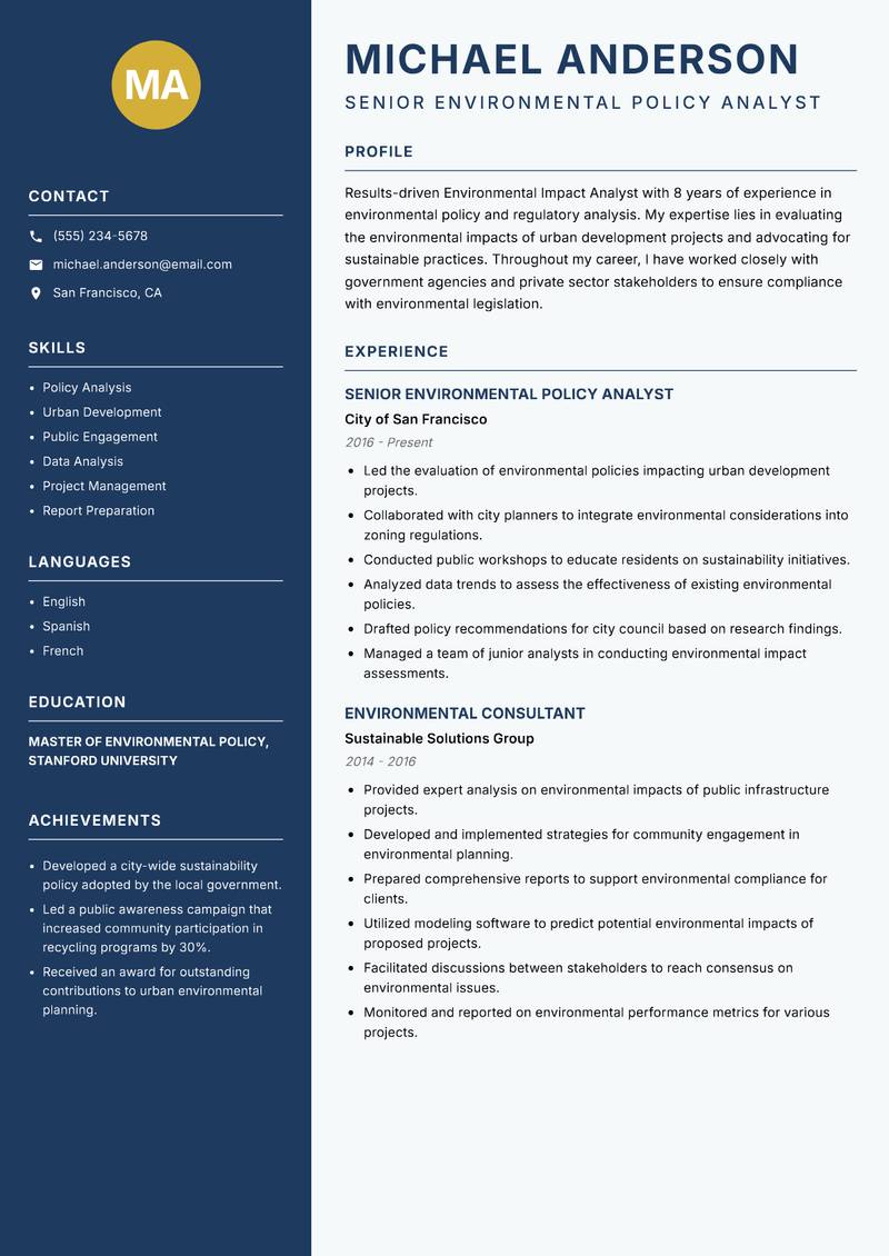 Environmental Impact Analyst resume sample — Senior Environmental Policy Analyst focus