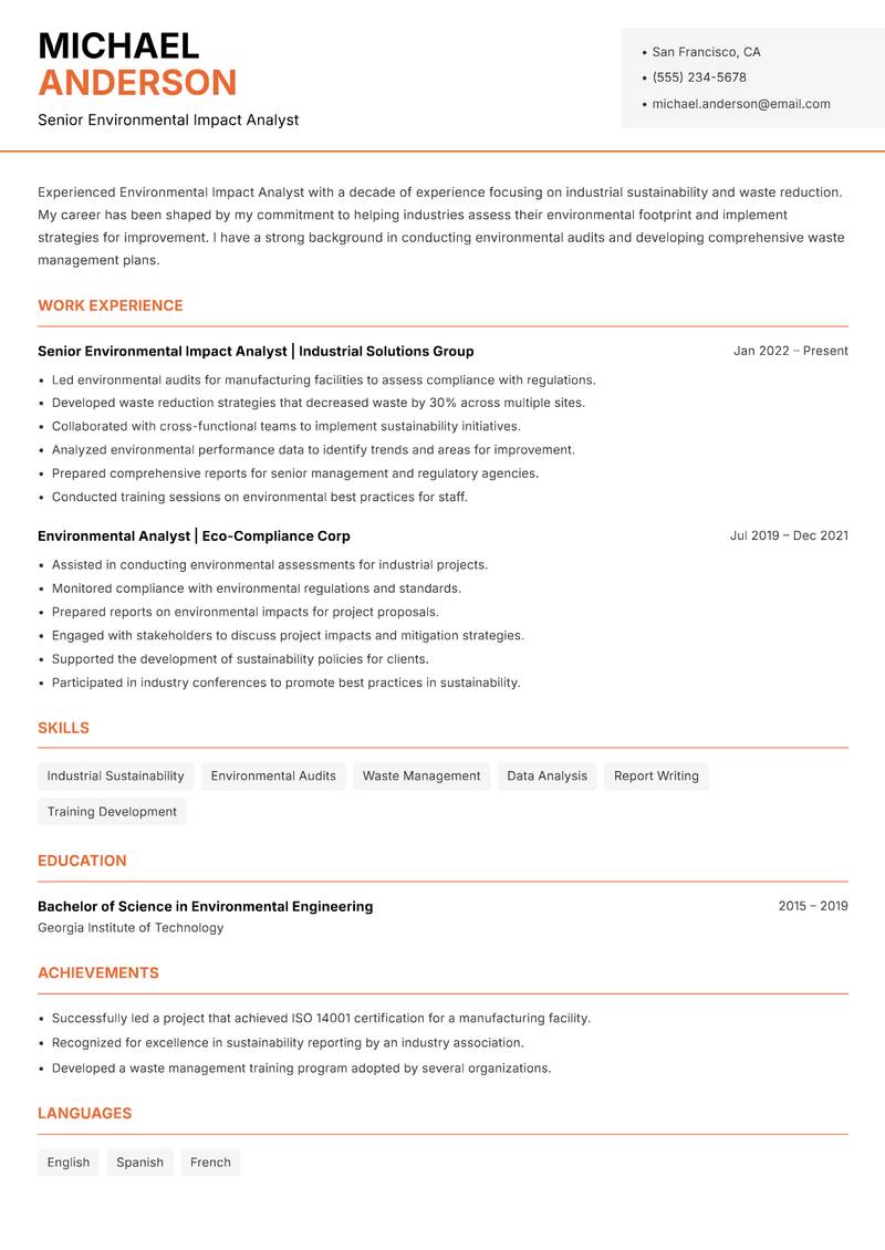 Environmental Impact Analyst resume sample — Senior Environmental Impact Analyst focus