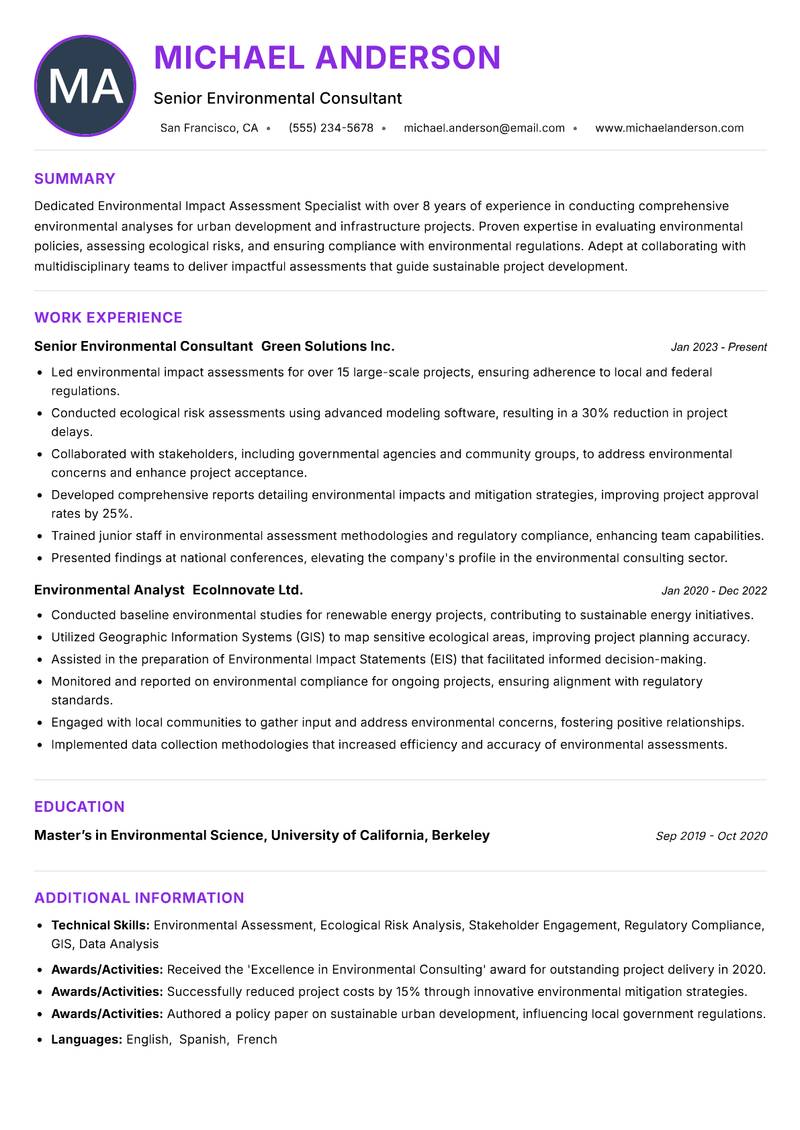 Environmental Impact Assessment Specialist resume example