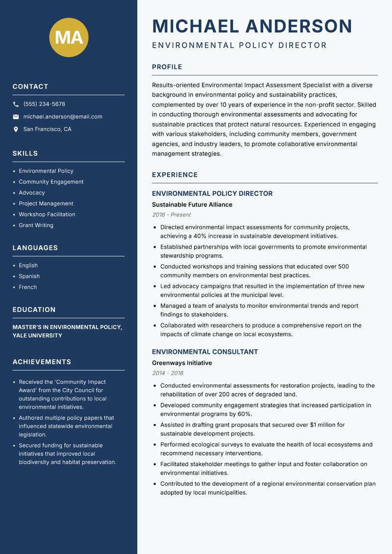 Environmental Impact Assessment Specialist resume sample — Environmental Policy Director focus