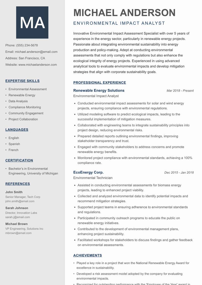 Environmental Impact Assessment Specialist resume sample — Environmental Impact Analyst focus