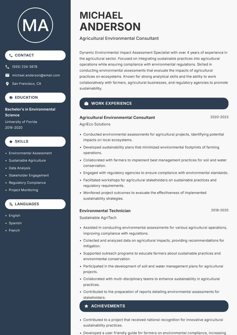 Environmental Impact Assessment Specialist resume sample — Agricultural Environmental Consultant focus