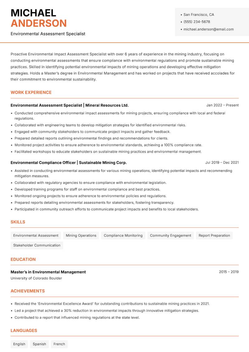 Environmental Impact Assessment Specialist resume sample — Environmental Assessment Specialist focus