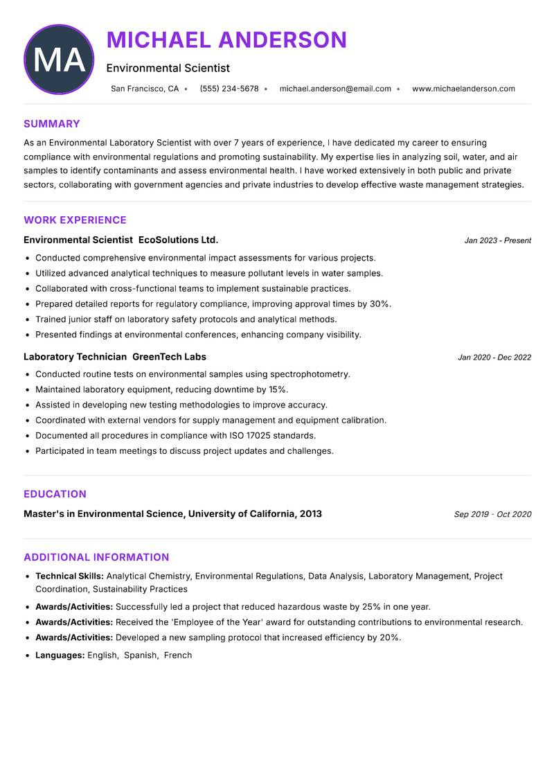 Environmental Laboratory Scientist resume example