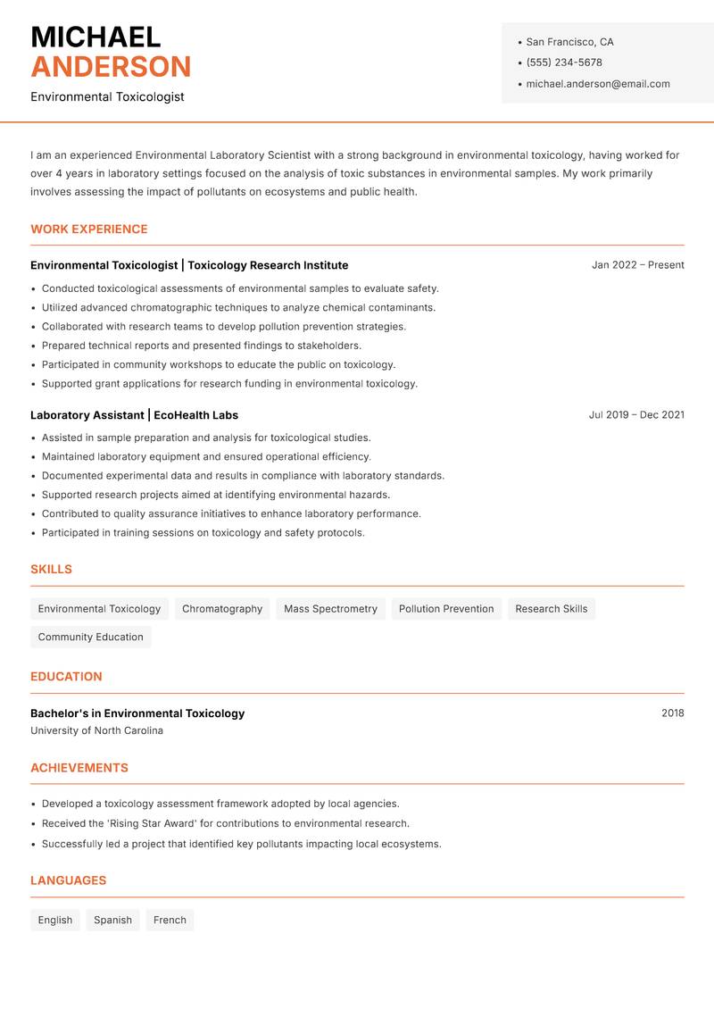 Environmental Laboratory Scientist resume sample — Environmental Toxicologist focus