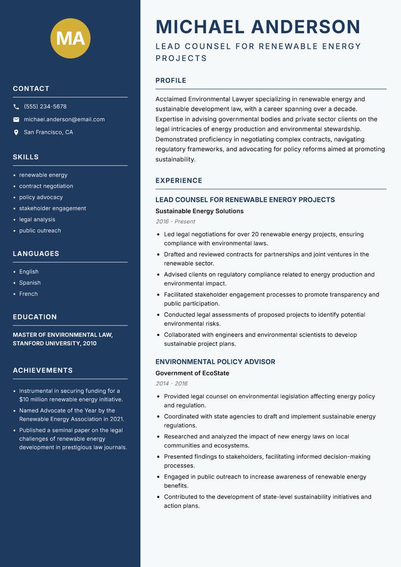 Environmental Lawyer resume sample — Lead Counsel for Renewable Energy Projects focus