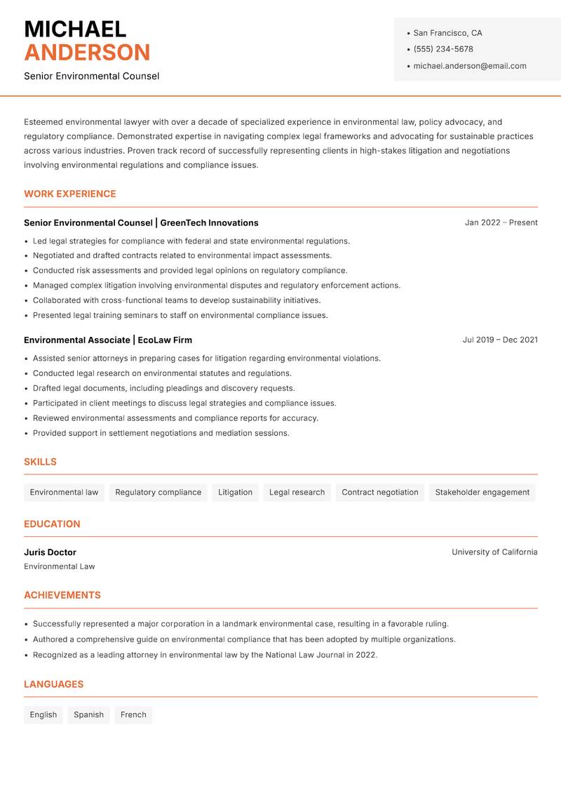 Environmental Lawyer resume sample — Senior Environmental Counsel focus