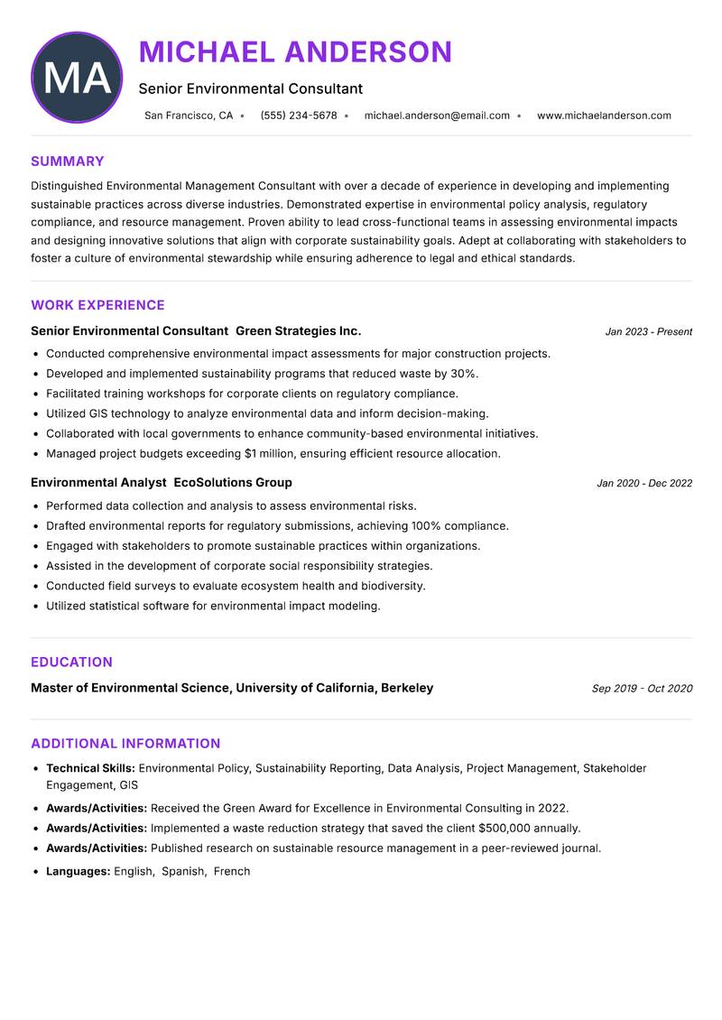 Environmental Management Consultant resume example