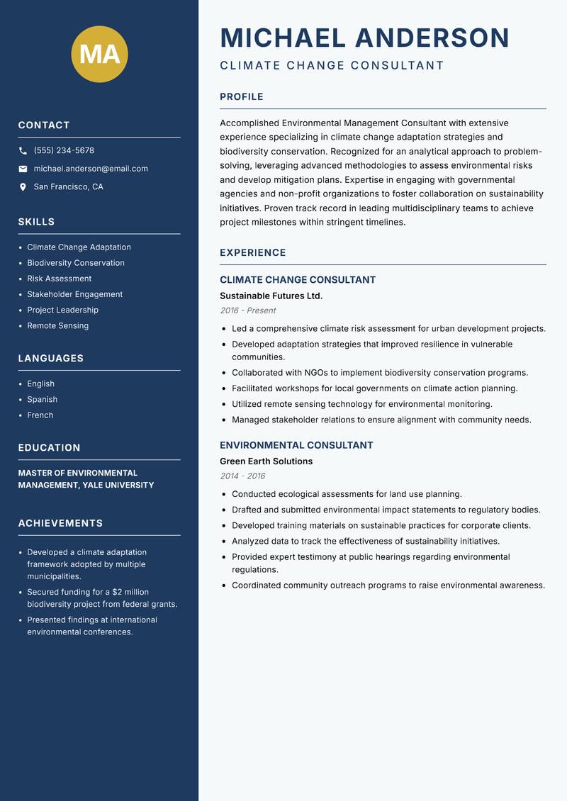 Environmental Management Consultant resume sample — Climate Change Consultant focus