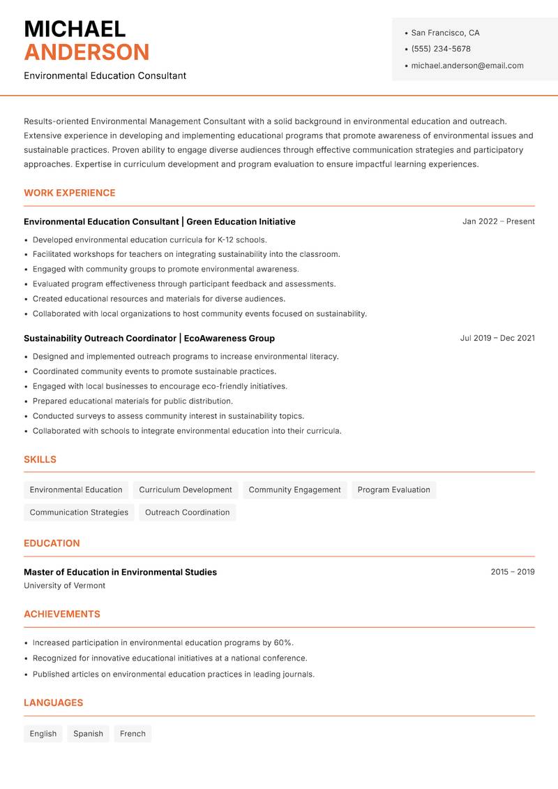 Environmental Management Consultant resume sample — Environmental Education Consultant focus