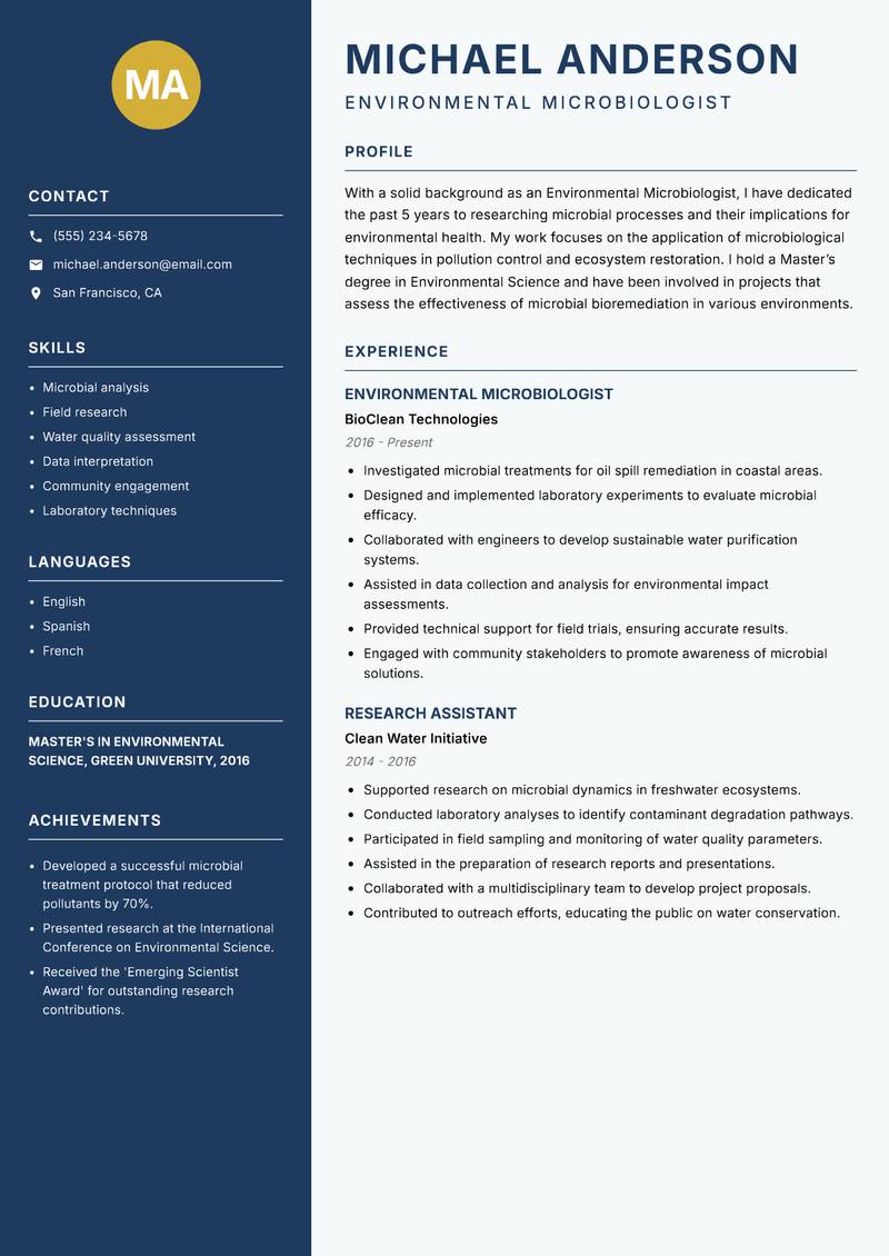 Environmental Microbiologist resume sample — Environmental Microbiologist focus