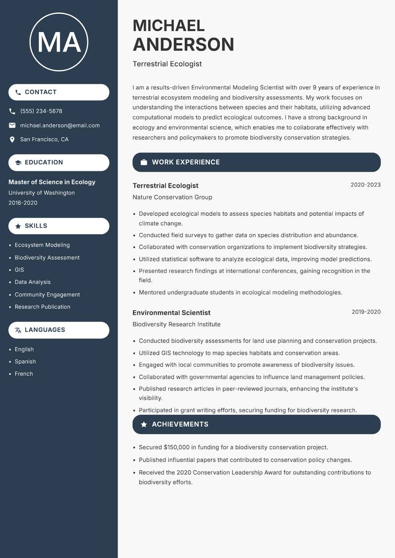 Environmental Modeling Scientist resume sample — Terrestrial Ecologist focus