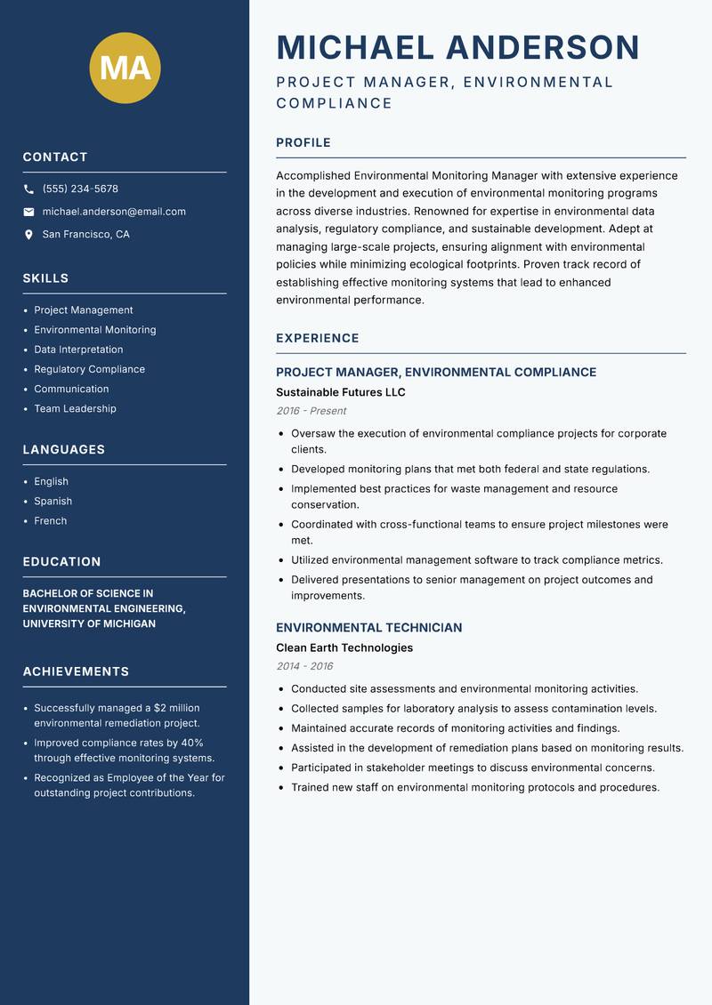 Environmental Monitoring Manager resume sample — Project Manager, Environmental Compliance focus