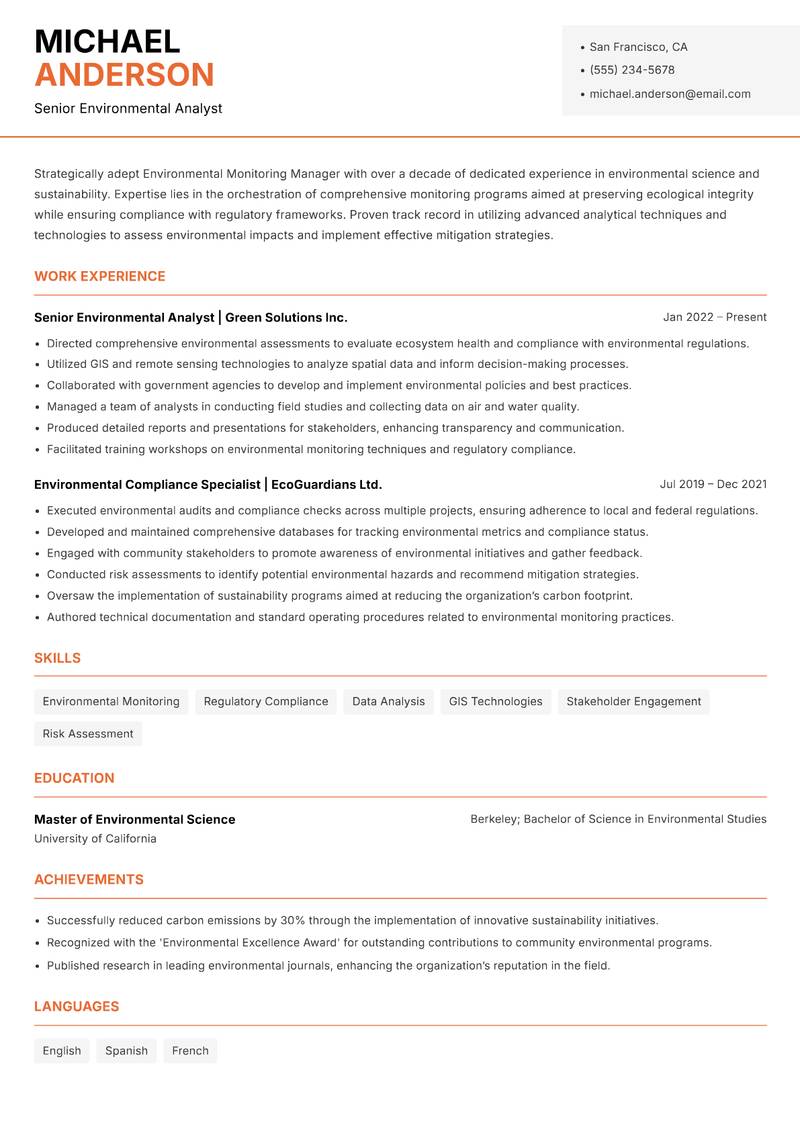 Environmental Monitoring Manager resume sample — Senior Environmental Analyst focus