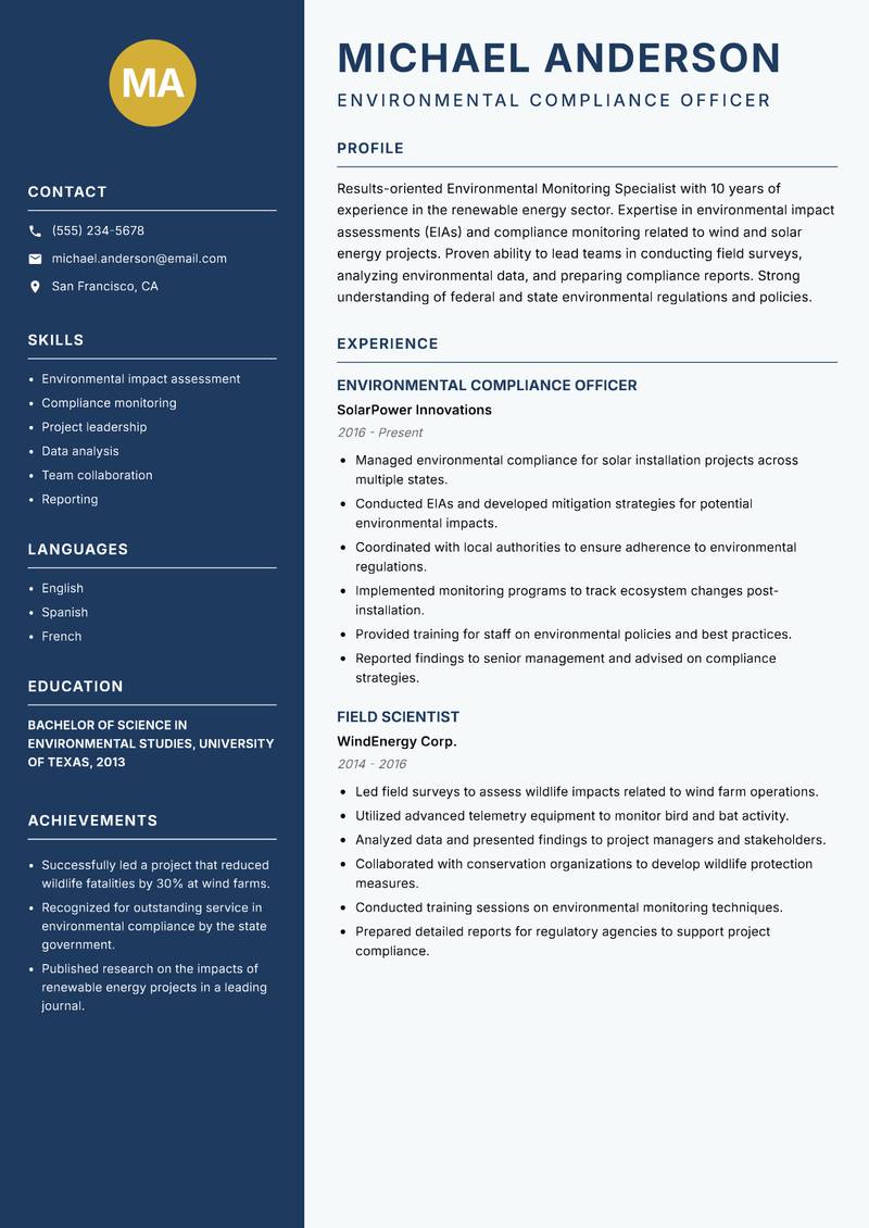 Environmental Monitoring Specialist resume sample — Environmental Compliance Officer focus