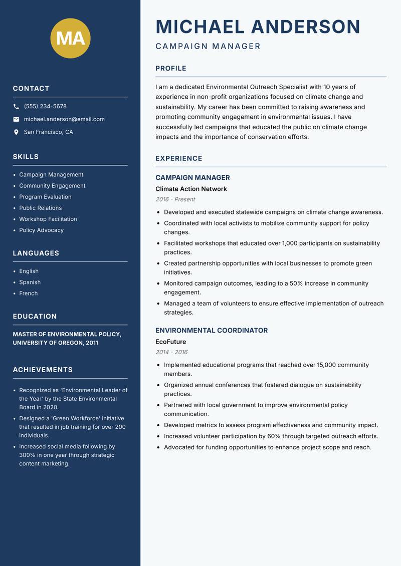 Environmental Outreach Specialist resume sample — Campaign Manager focus