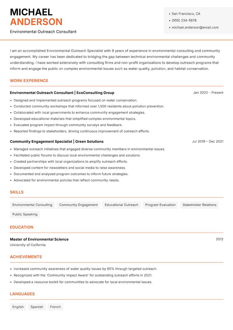 Environmental Outreach Specialist resume sample — Environmental Outreach Consultant focus
