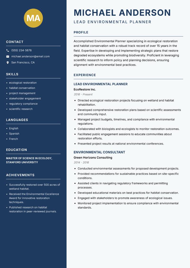 Environmental Planner resume sample — Lead Environmental Planner focus