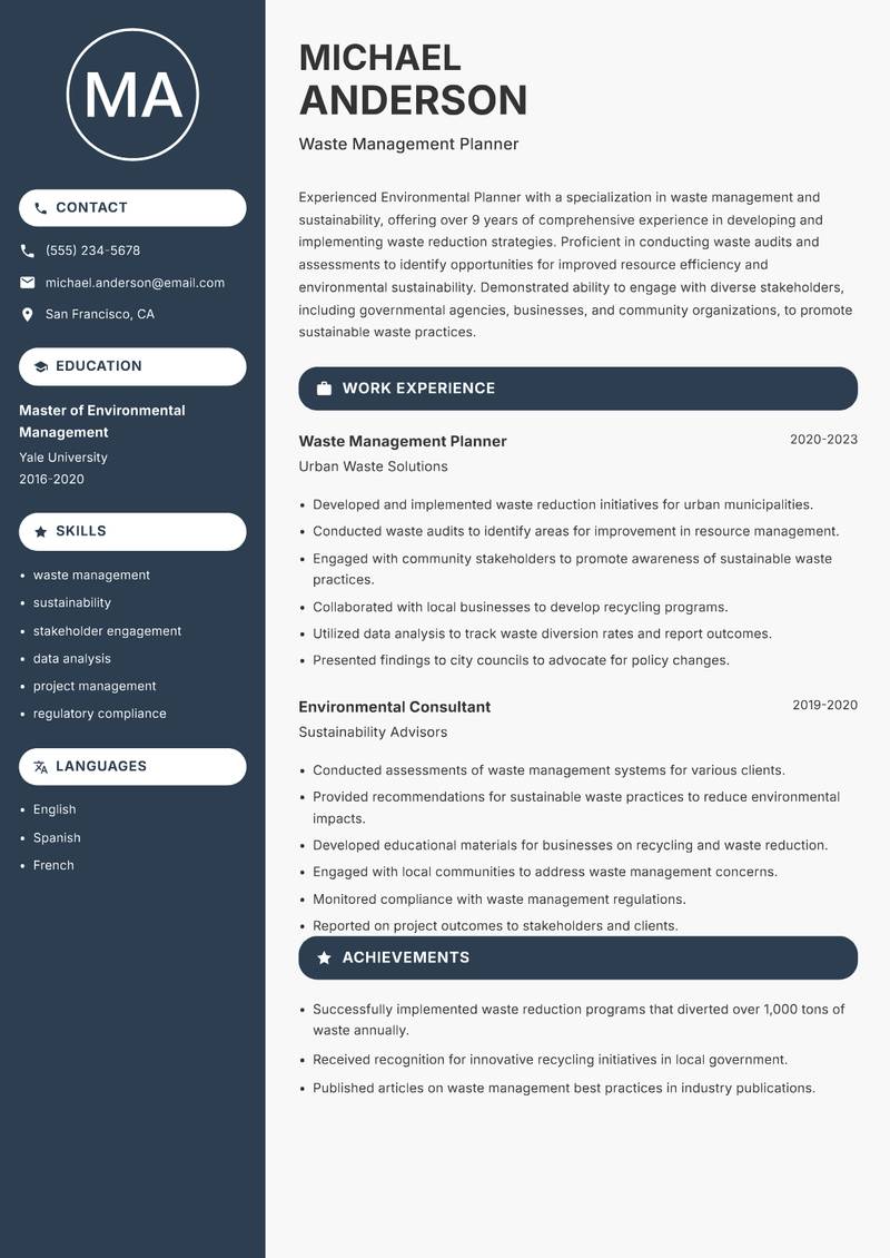 Environmental Planner resume sample — Waste Management Planner focus