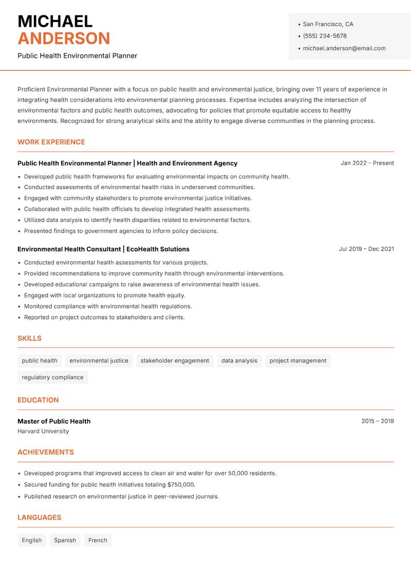 Environmental Planner resume sample — Public Health Environmental Planner focus