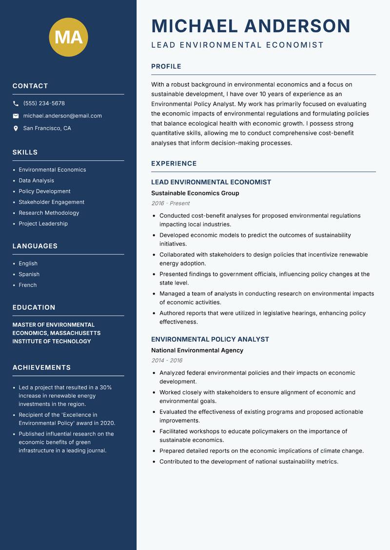 Environmental Policy Analyst resume sample — Lead Environmental Economist focus