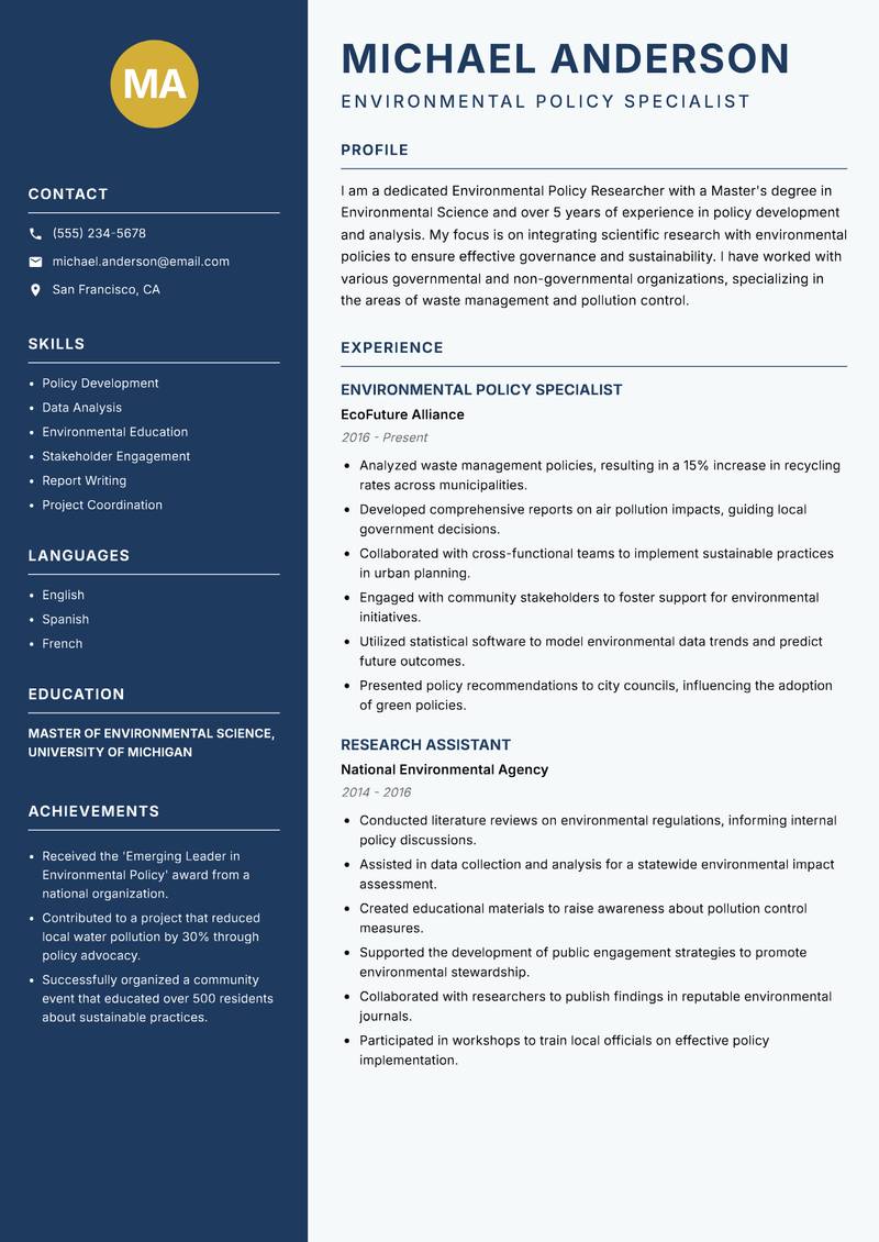Environmental Policy Researcher resume sample — Environmental Policy Specialist focus