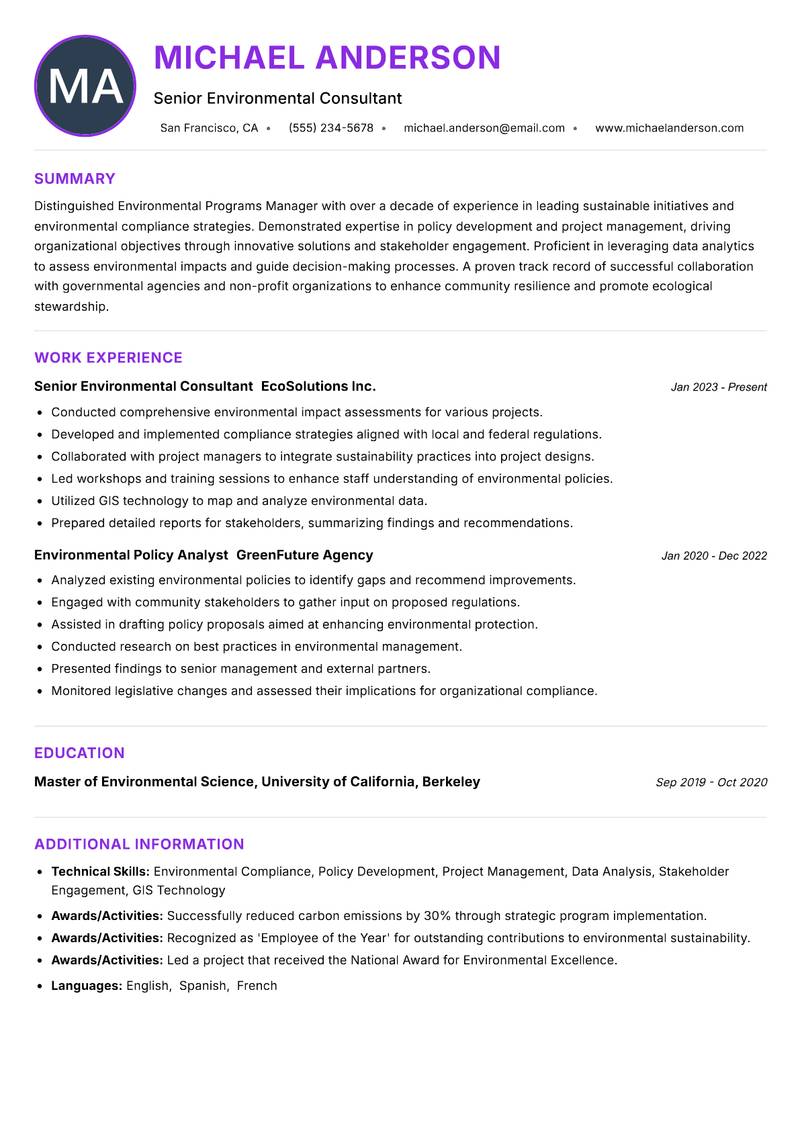 Environmental Programs Manager resume example