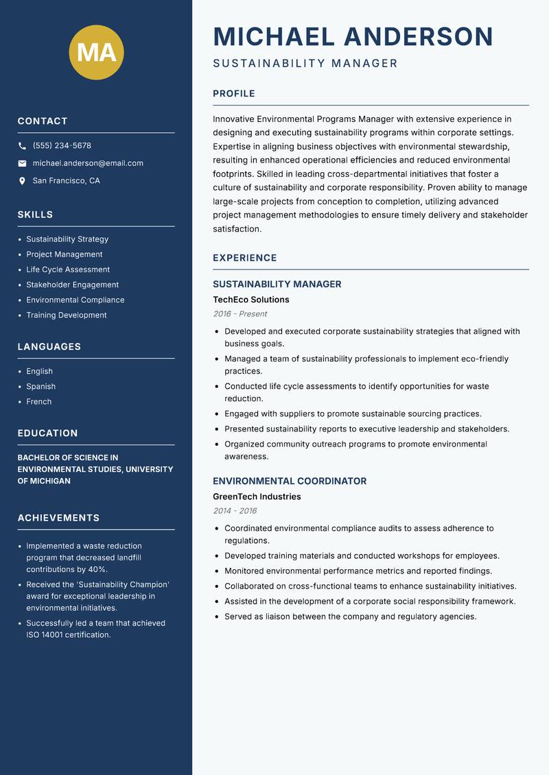 Environmental Programs Manager resume sample — Sustainability Manager focus