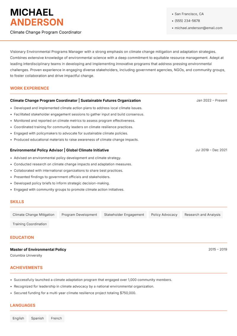 Environmental Programs Manager resume sample — Climate Change Program Coordinator focus