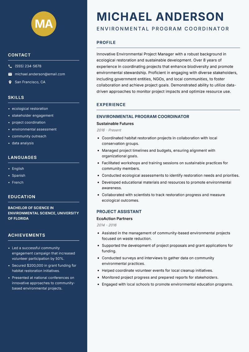 Environmental Project Manager resume sample — Environmental Program Coordinator focus