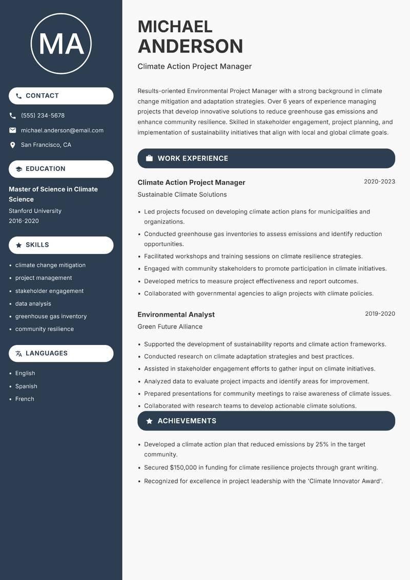 Environmental Project Manager resume sample — Climate Action Project Manager focus