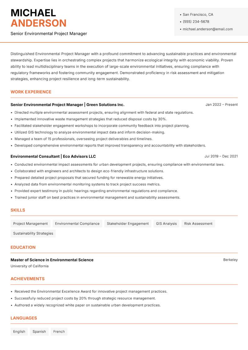 Environmental Project Manager resume sample — Senior Environmental Project Manager focus