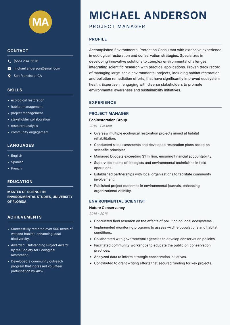 Environmental Protection Consultant resume sample — Project Manager focus