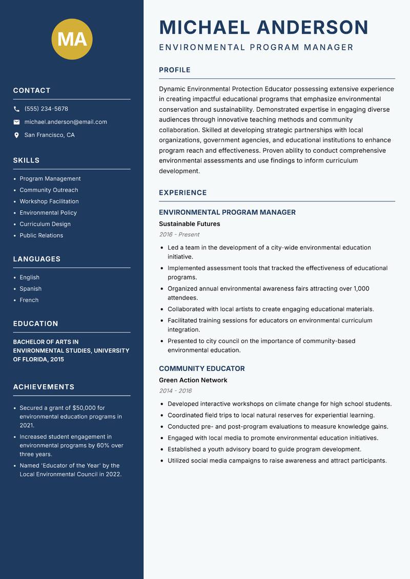 Environmental Protection Educator resume sample — Environmental Program Manager focus