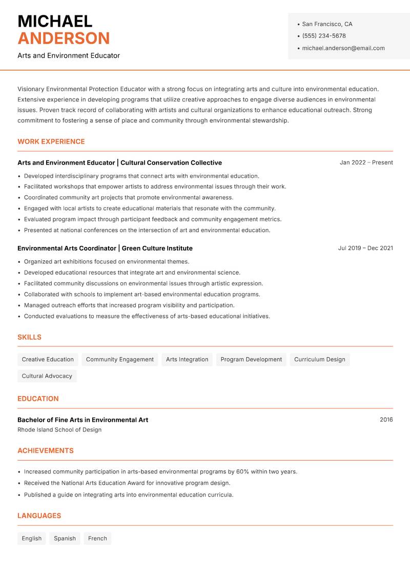 Environmental Protection Educator resume sample — Arts and Environment Educator focus
