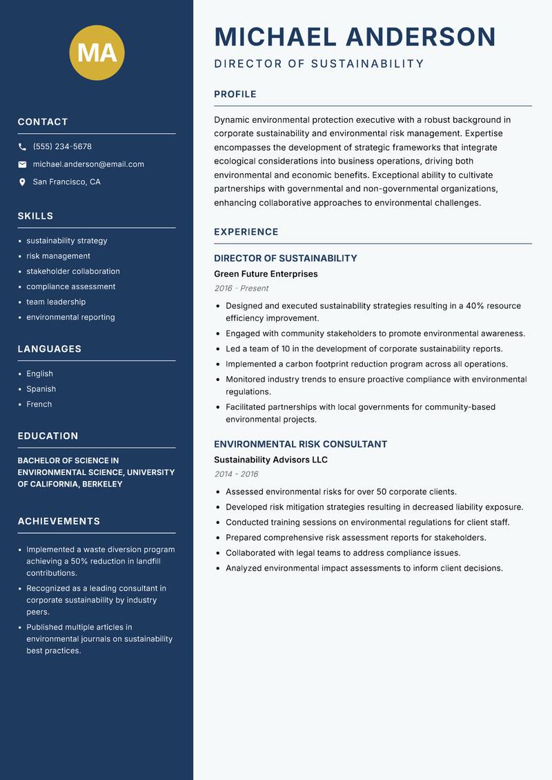 Environmental Protection Executive resume sample — Director of Sustainability focus