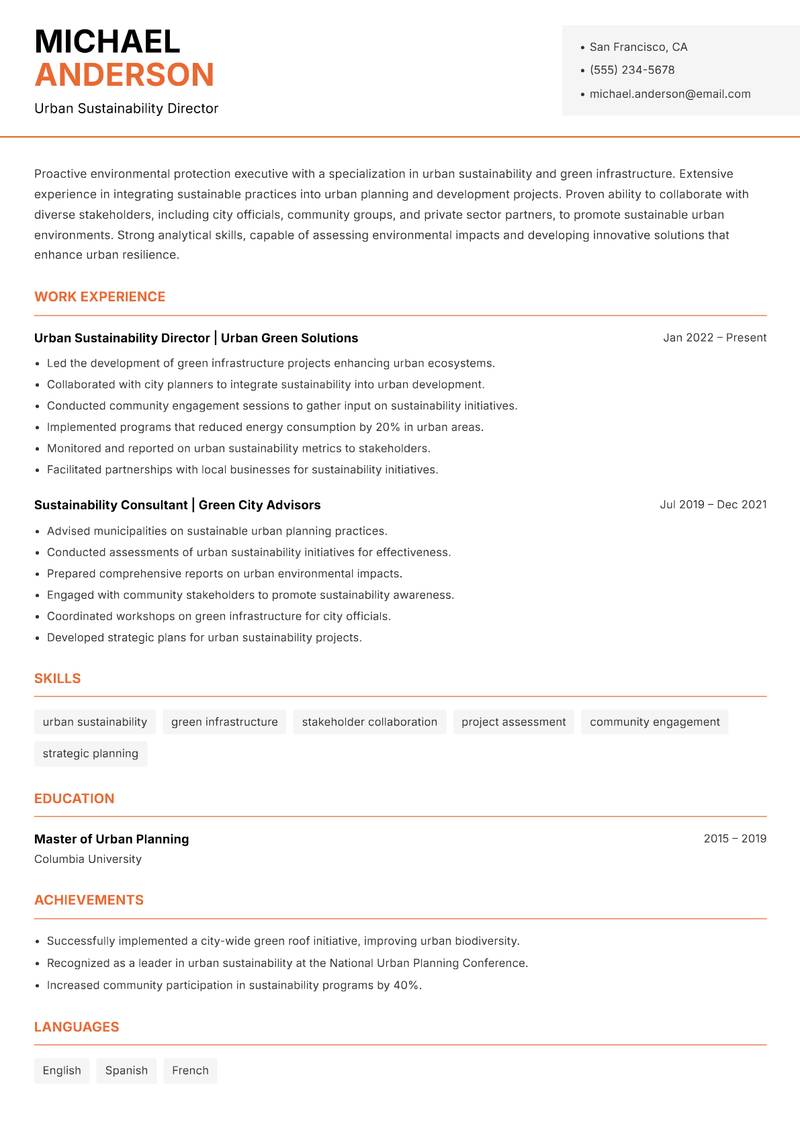 Environmental Protection Executive resume sample — Urban Sustainability Director focus