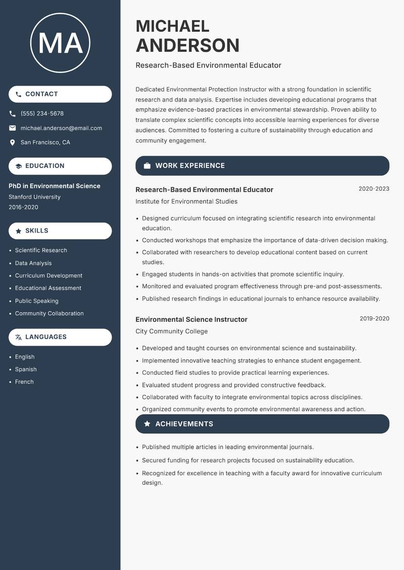 Environmental Protection Instructor resume sample — Research-Based Environmental Educator focus