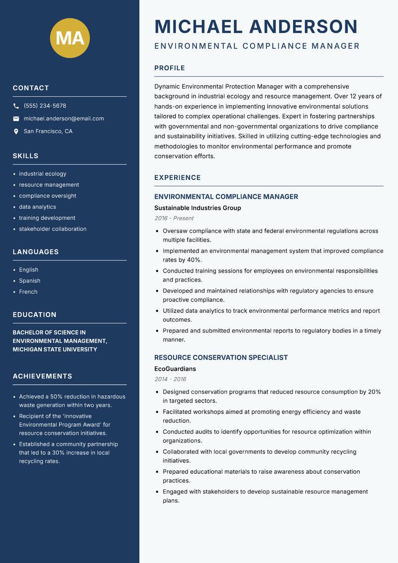 Environmental Protection Manager resume sample — Environmental Compliance Manager focus